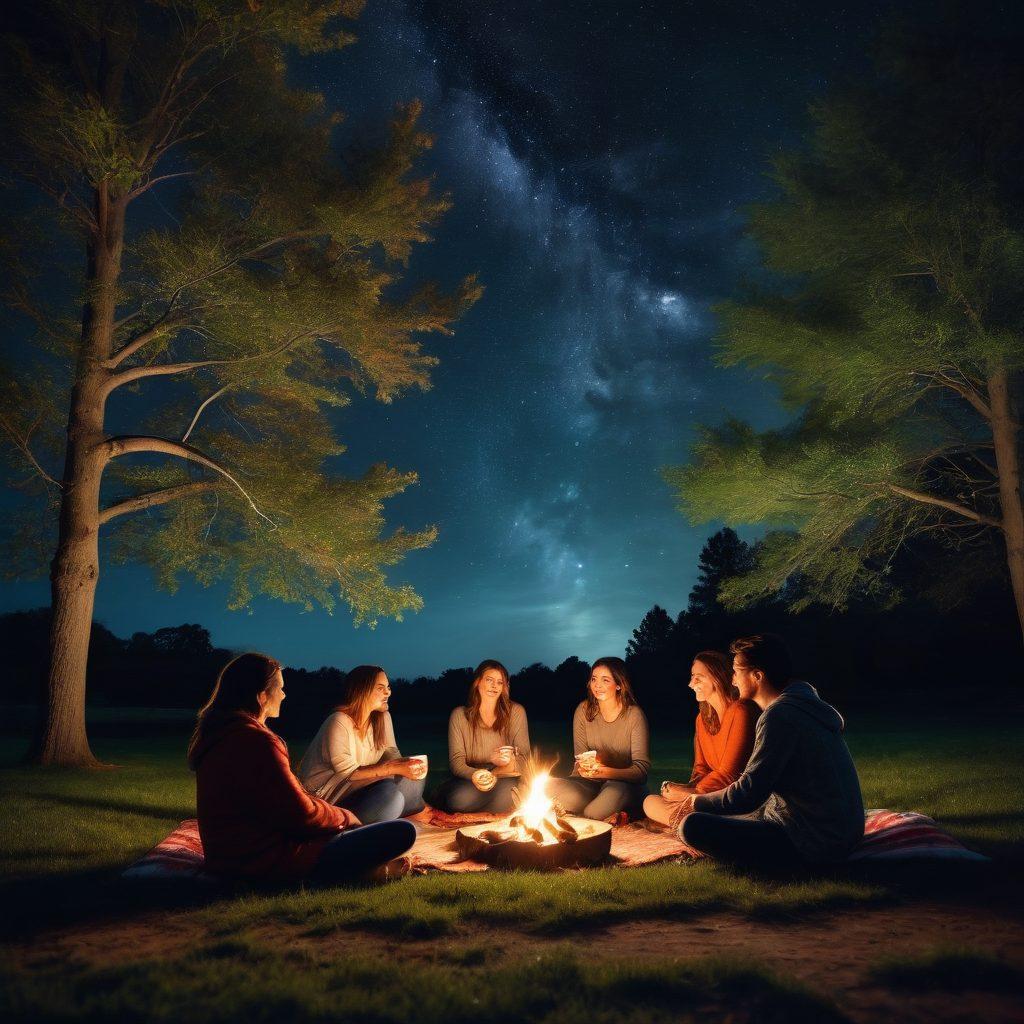A warm, inviting scene depicting a diverse group of friends gathered around a cozy bonfire, sharing stories and laughter under a starlit sky. Soft glowing lanterns hang from surrounding trees, symbolizing connection and warmth. Incorporate elements like a blanket spread on the grass and steaming mugs in their hands to highlight compassion and shared moments. Use vibrant colors to evoke an emotional connection. super-realistic. vibrant colors. night sky.