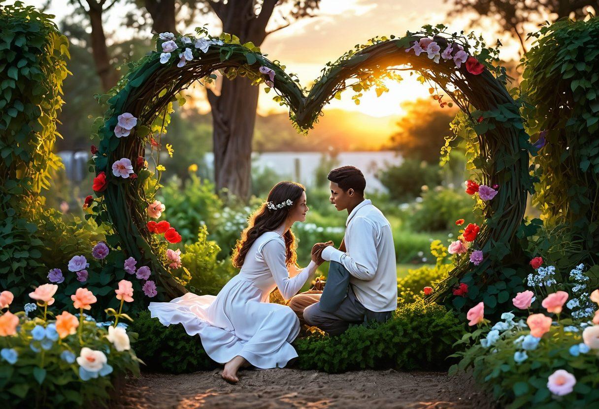 A serene garden at sunset, showcasing intertwined hearts made of vines and blooming flowers, representing true love. In the foreground, a couple joyfully planting seeds together, symbolizing growth in relationships. Soft lighting creates a warm, inviting atmosphere. super-realistic. vibrant colors. romantic mood.